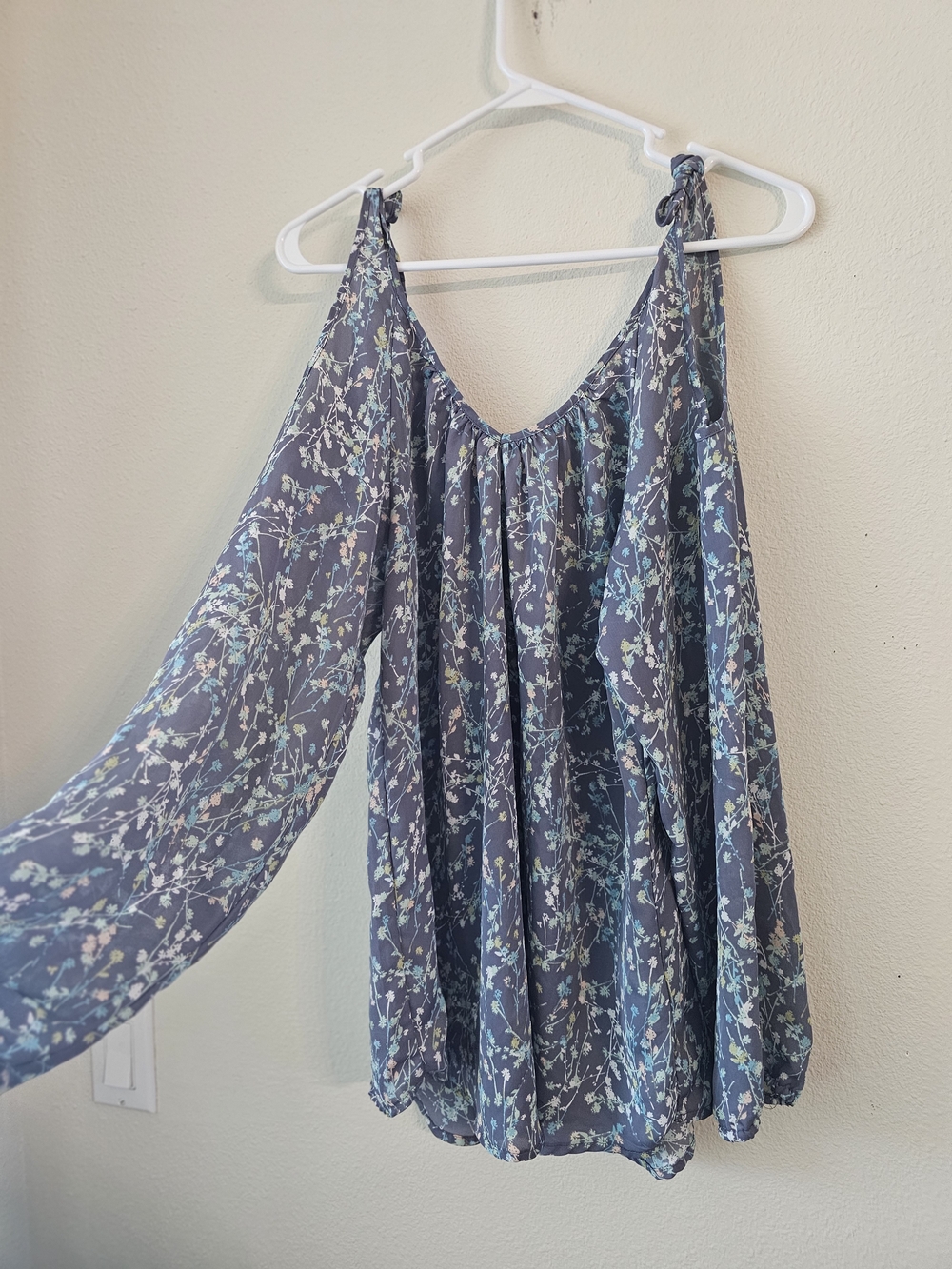 LC Lauren Conrad Dusty Blue Floral Cold-Shoulder Blouse